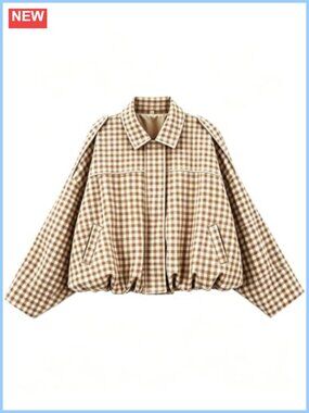 Plaid Bomber Jacket Oversized Lapel Pilot Coat with Pockets